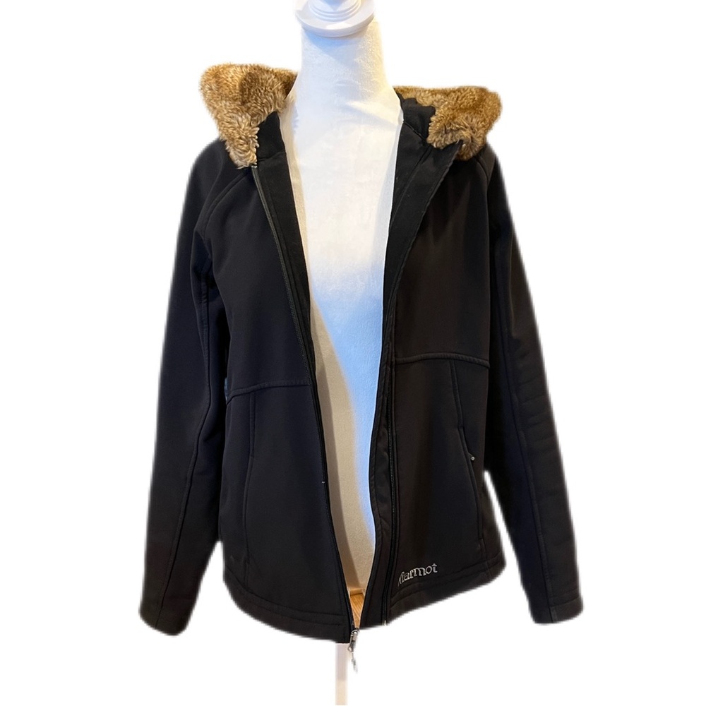 Marmot Soft Shell Furlong Jacket Fur Hood size medium black, fur chestnut brown - Picture 4 of 15